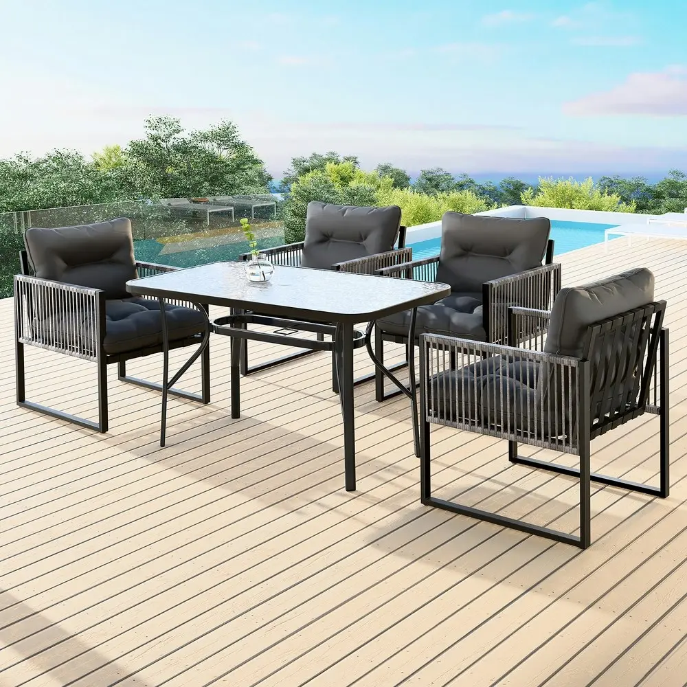 Alfordson Outdoor Dining Table Lounge Chairs Set Glass Patio Furniture Wicker