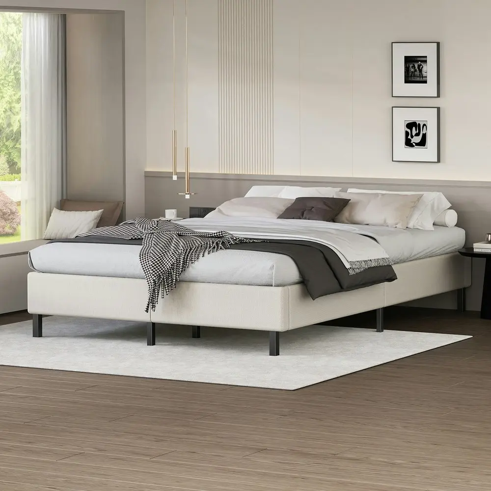 Alfordson Bed Frame Double Size Mattress Base Foundation Beige Fabric BASEL