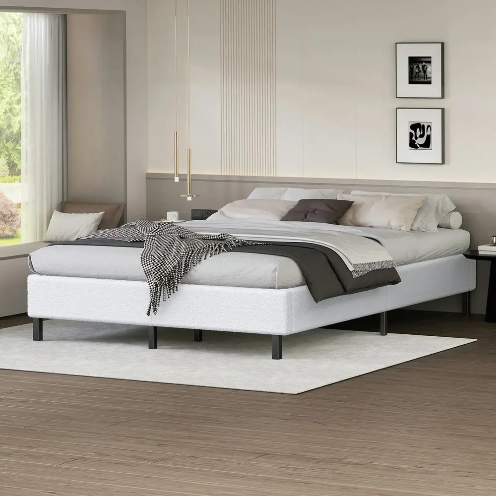 Alfordson Bed Frame Double Size Mattress Base Foundation White Boucle BASEL