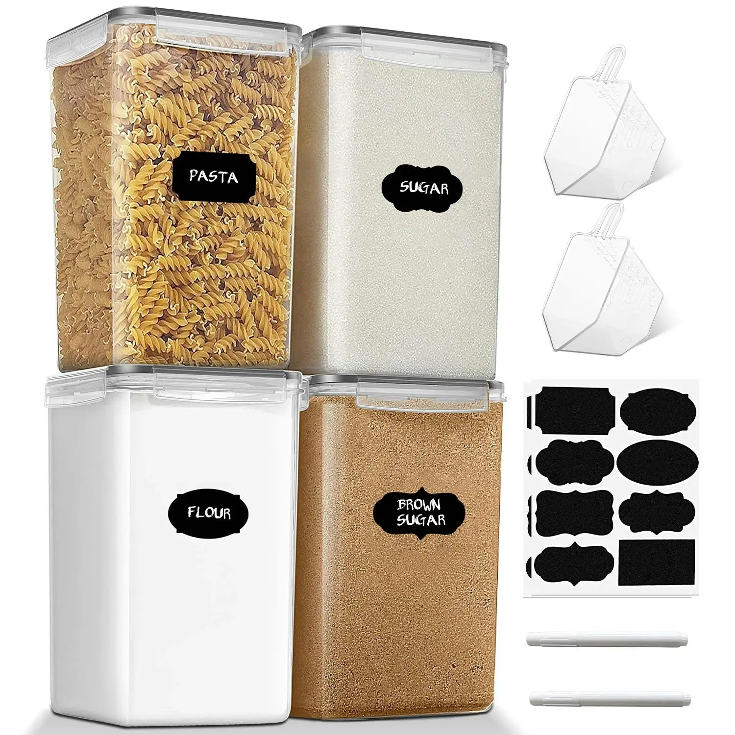 Stelive 4-Piece 6.5L Food Storage Containers Airtight Pantry Storage Containers Organiser Plastic Food Canisters Plastic Canisters w/ Labels & Pen