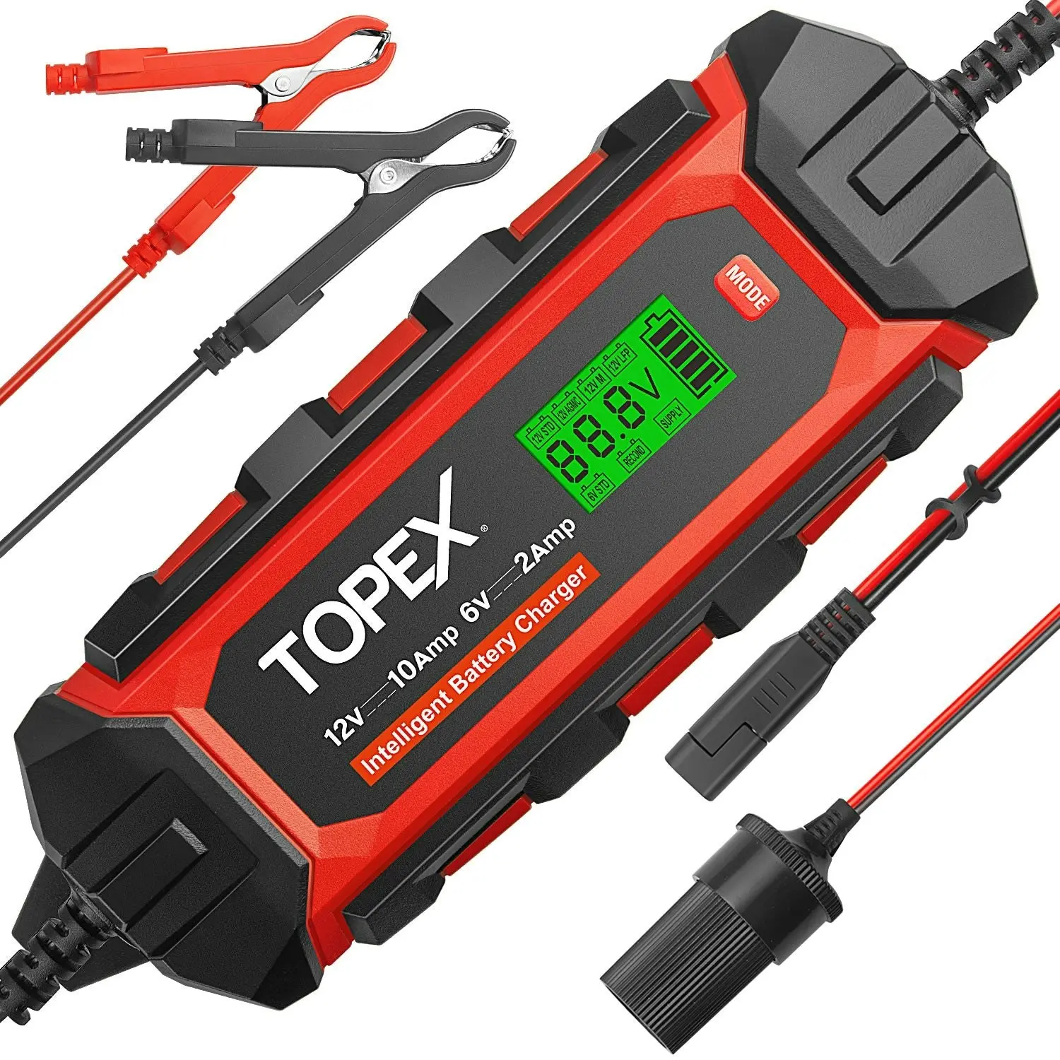 Topex Car Battery Charger, 10A 6V/12V Smart Automatic Battery Charger Maintainer with LCD Display for Lead Acid, LiFePo4 Battery in Truck, Motorcycle