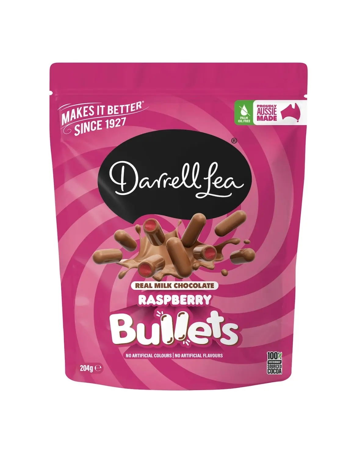 Darrell Lea Milk Chocolate Raspberry Liquorice Bullets 204g