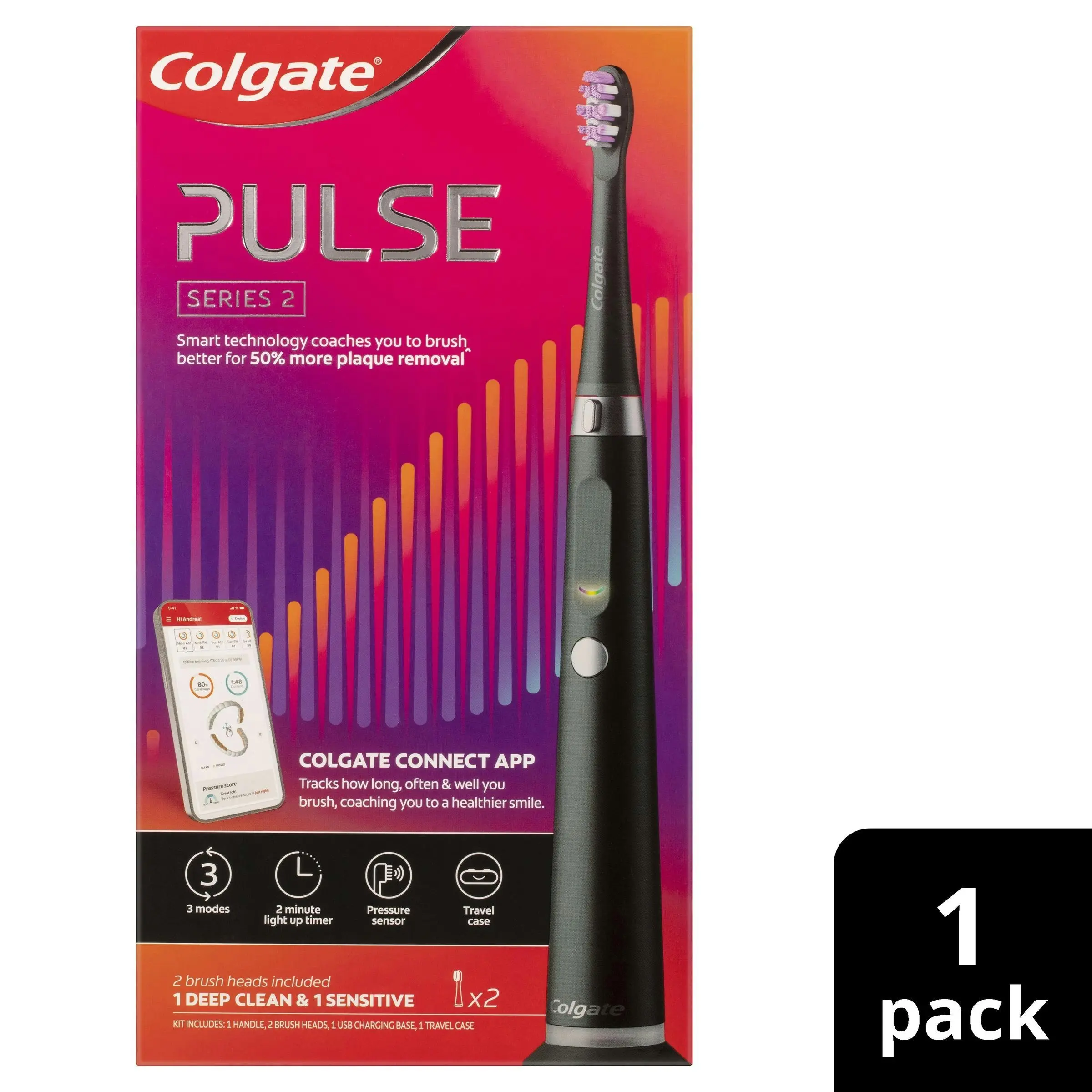 Colgate Pulse Connected Series 2 Deep Clean & Sensitive Electric Toothbrush, 1 Pack with 2 Refill Heads, Plaque Removal