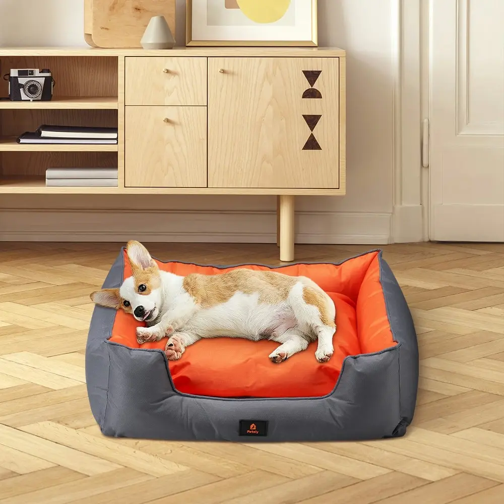 Petzly Orthopedic Pet Dog Bed Sofa Waterproof Removable Grey&Orange Large