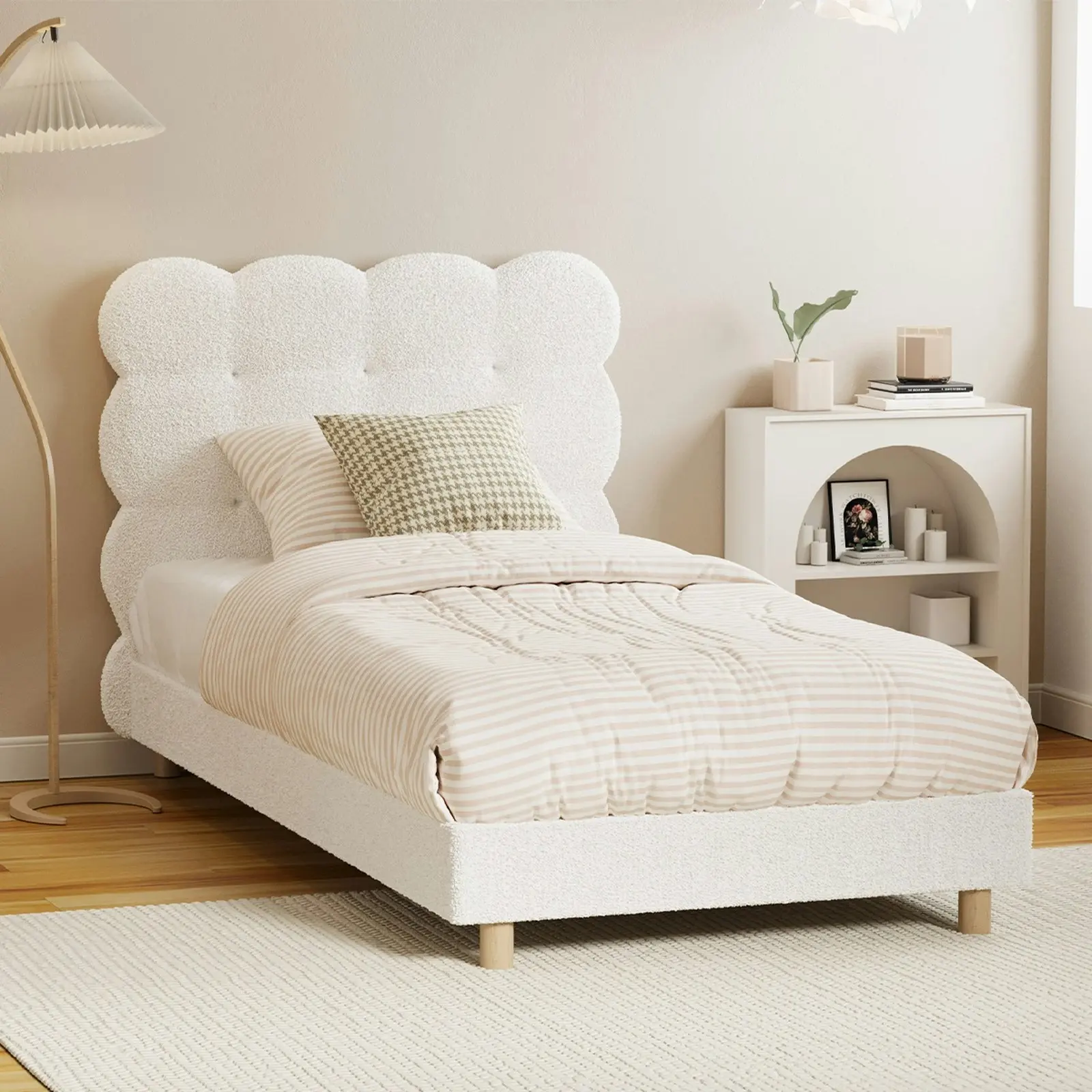 Oikiture Bed Frame Single Size Tufted Bedhead Boucle Fabric White