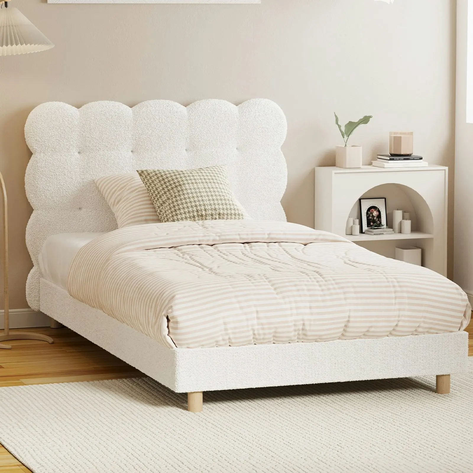 Oikiture Bed Frame King Single Tufted Bedhead Boucle Fabric White