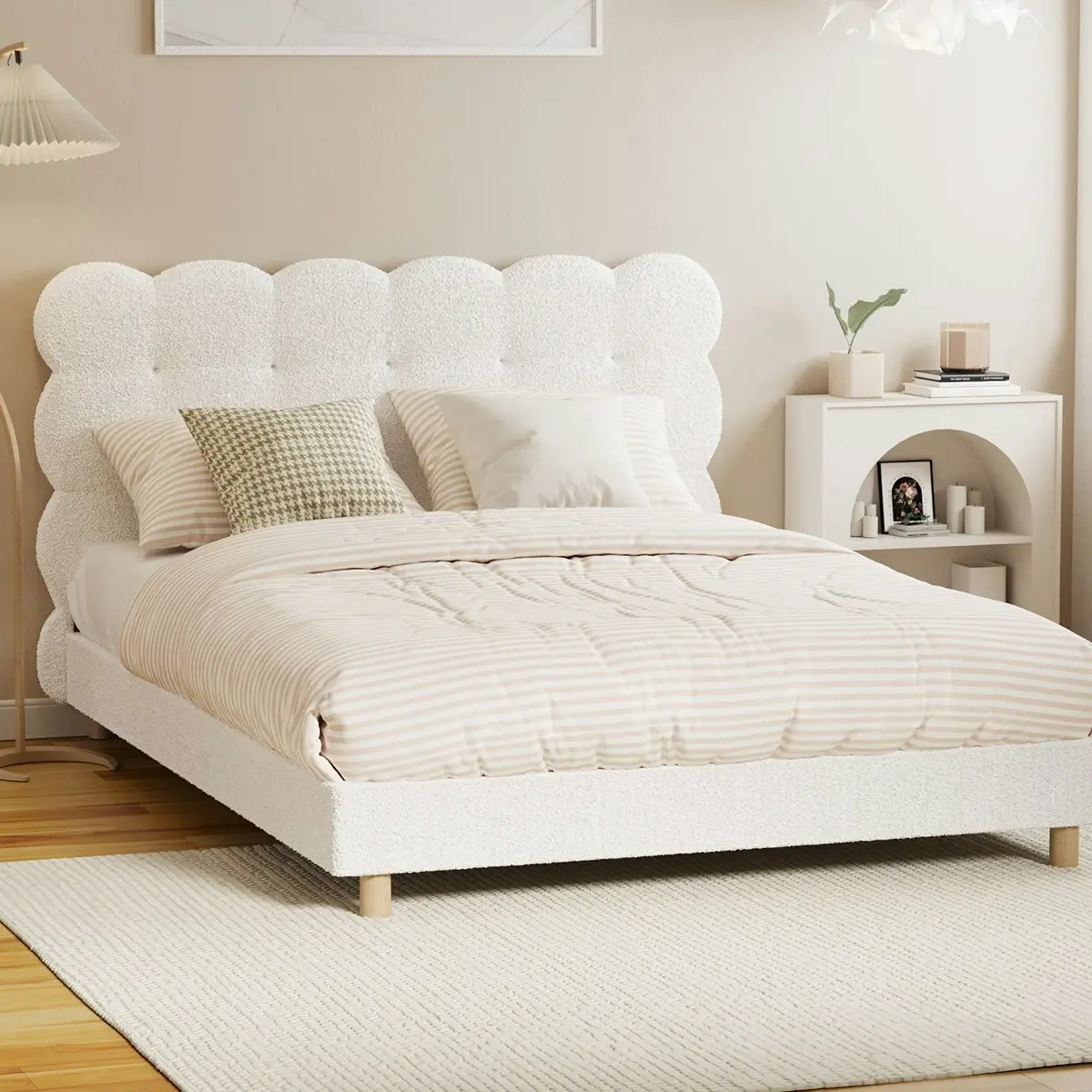 Oikiture Bed Frame Double Size Tufted Bedhead Boucle Fabric White