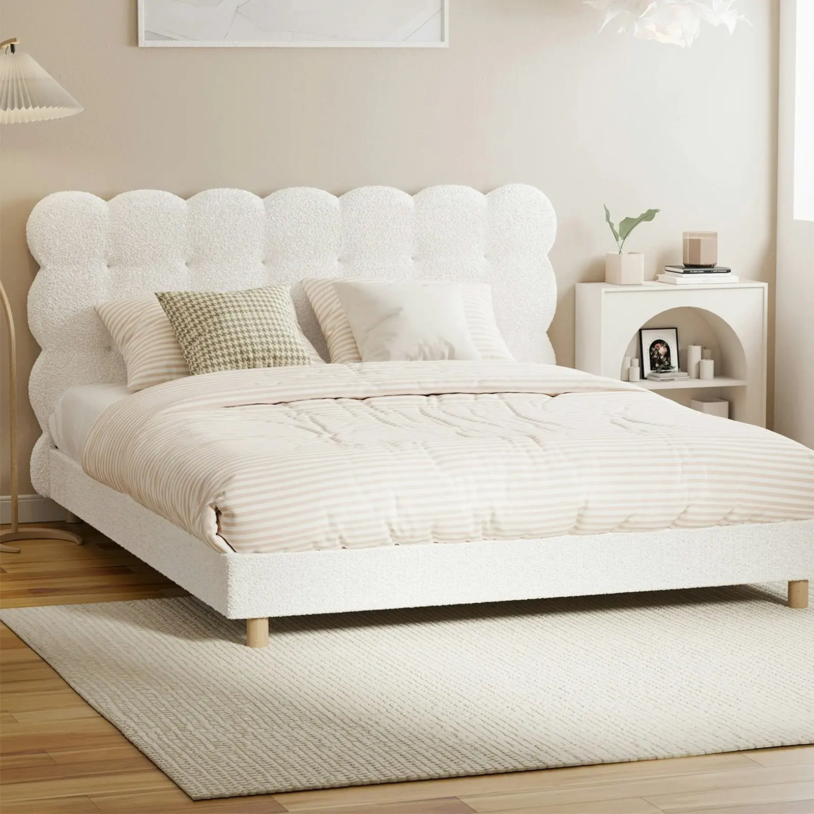 Oikiture Bed Frame Queen Size Tufted Bedhead Boucle Fabric White