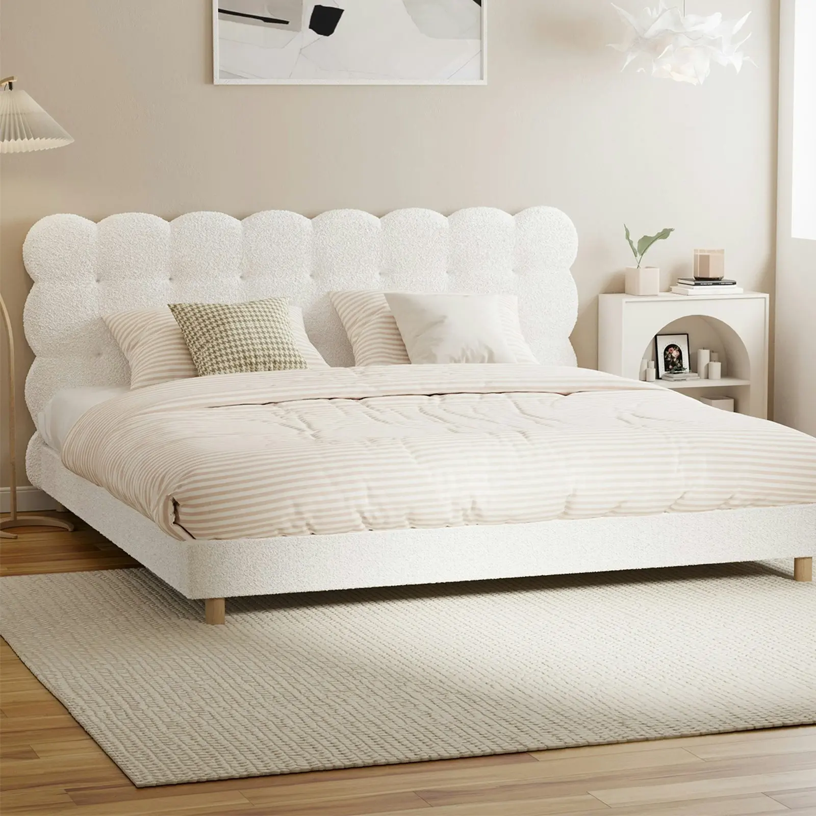 Oikiture Bed Frame King Size Tufted Bedhead Boucle Fabric White