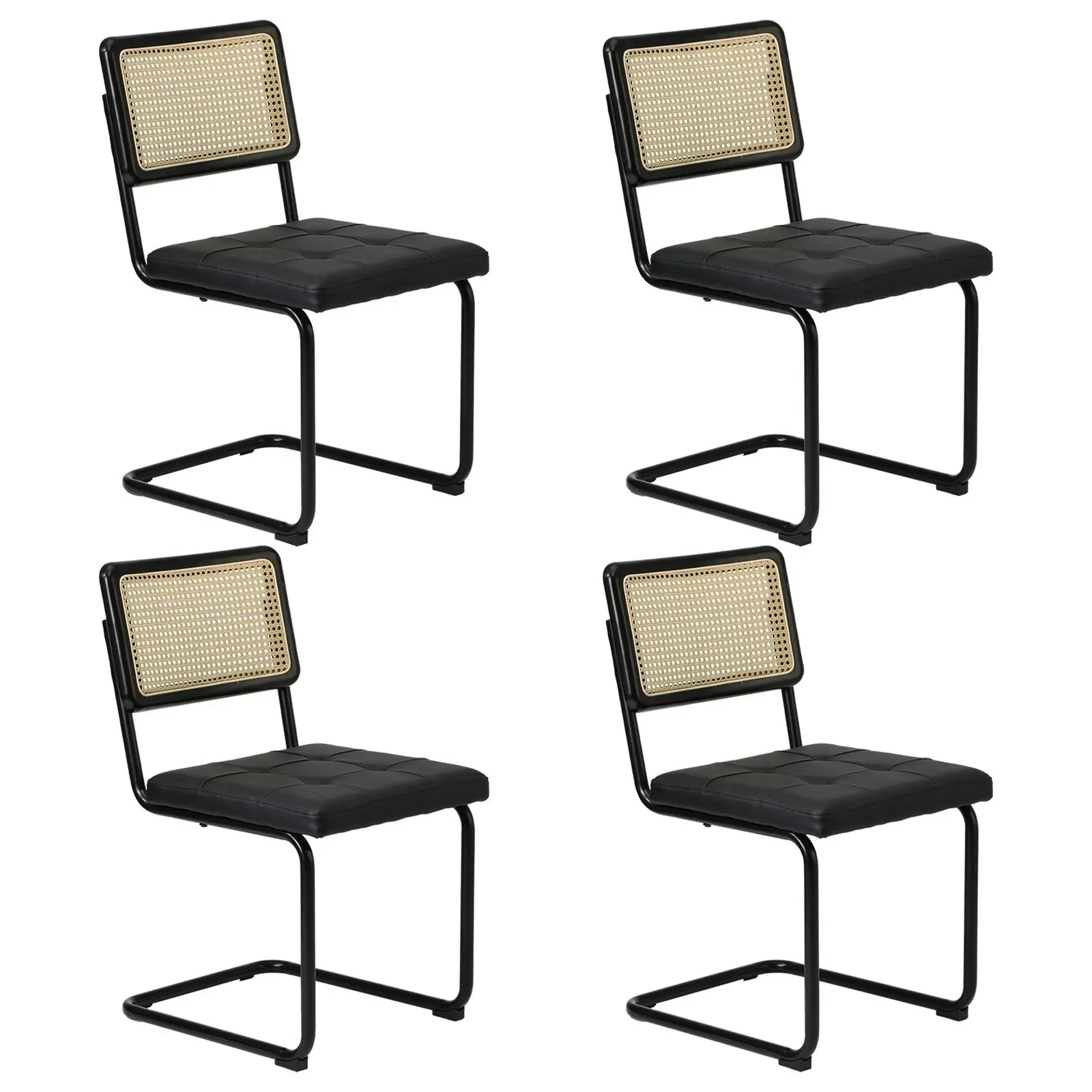 Oikiture 4x Rattan Dining Chair Cesca Replica Cantilever PU Leather Padded Black