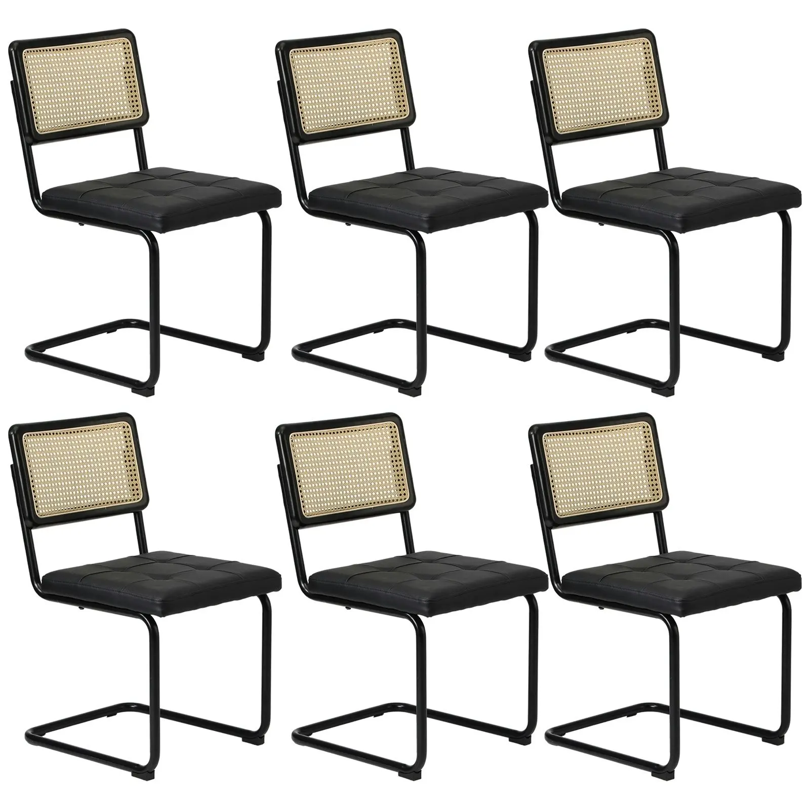 Oikiture 6x Rattan Dining Chair Cesca Replica Cantilever PU Leather Padded Black