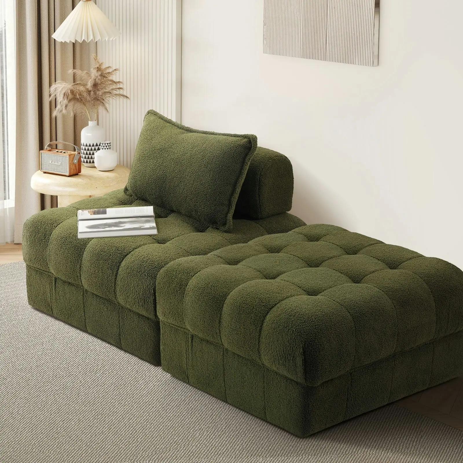 Oikiture 2 Seater Boucle Modular Sofa & Ottoman Set Armless TOFU Back Green