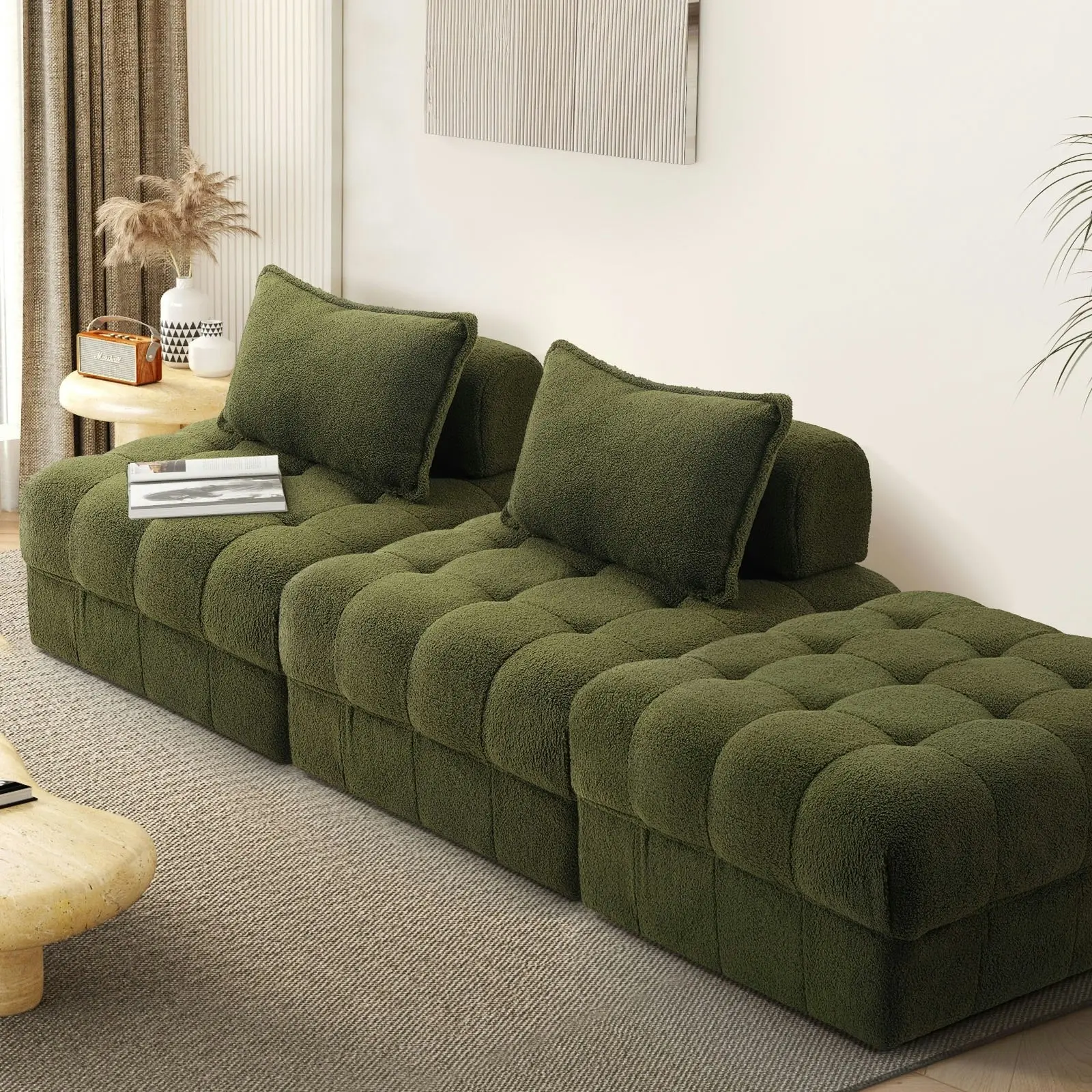 Oikiture 3 Seater Boucle Modular Sofa & Ottoman Set Armless TOFU Back Green