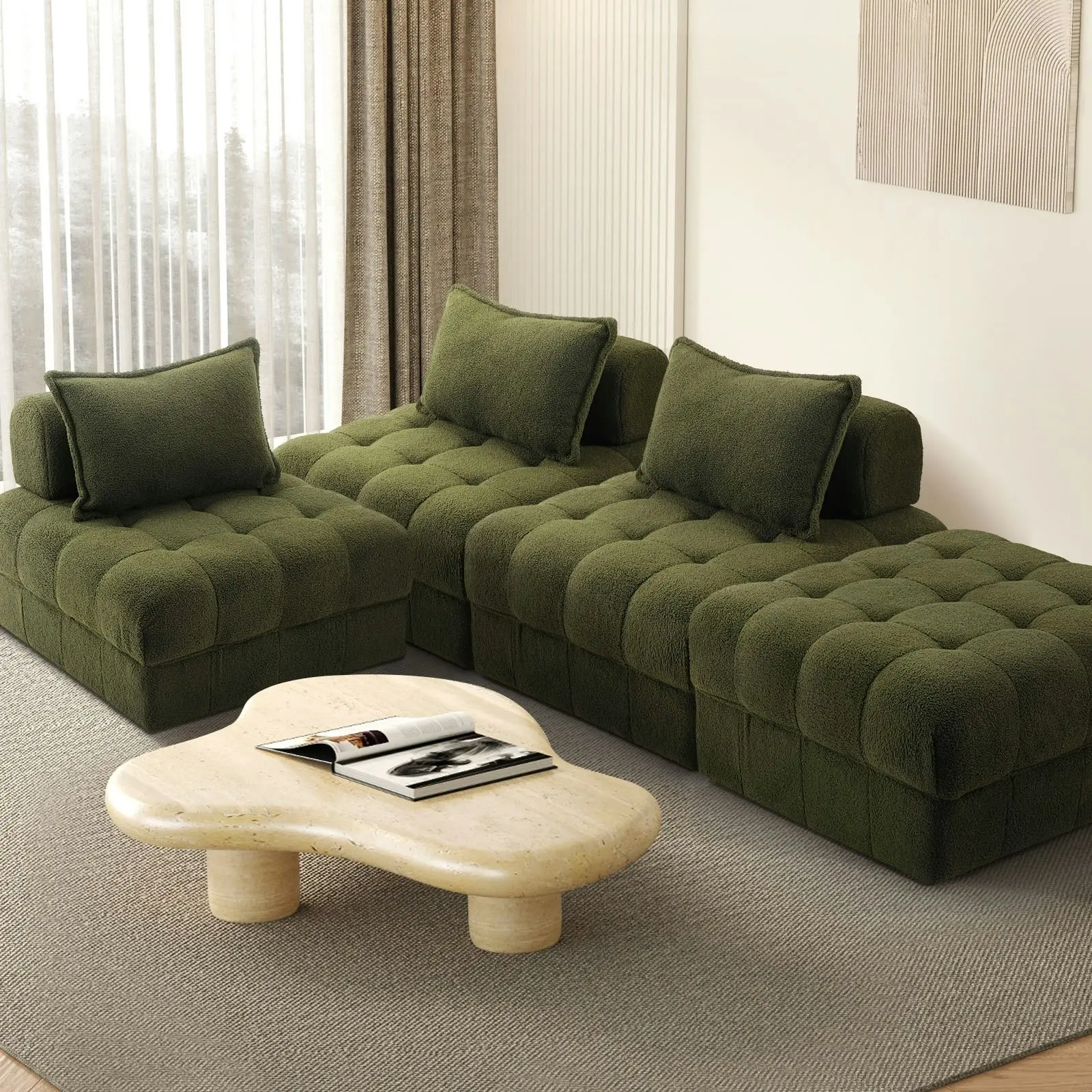 Oikiture 4 Seater Boucle Modular Sofa & Ottoman Set Armless TOFU Back Green