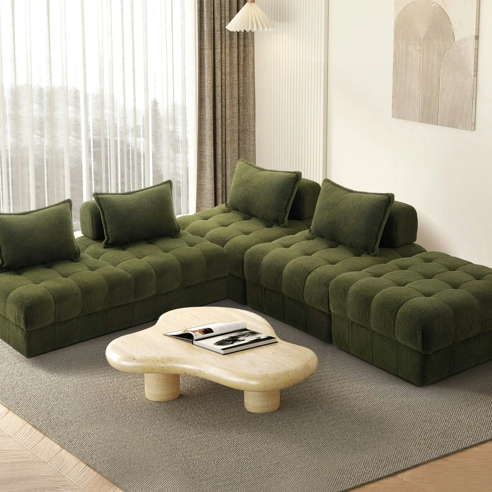 Oikiture 5 Seater Boucle Modular Sofa & Ottoman Set Armless TOFU Back Green