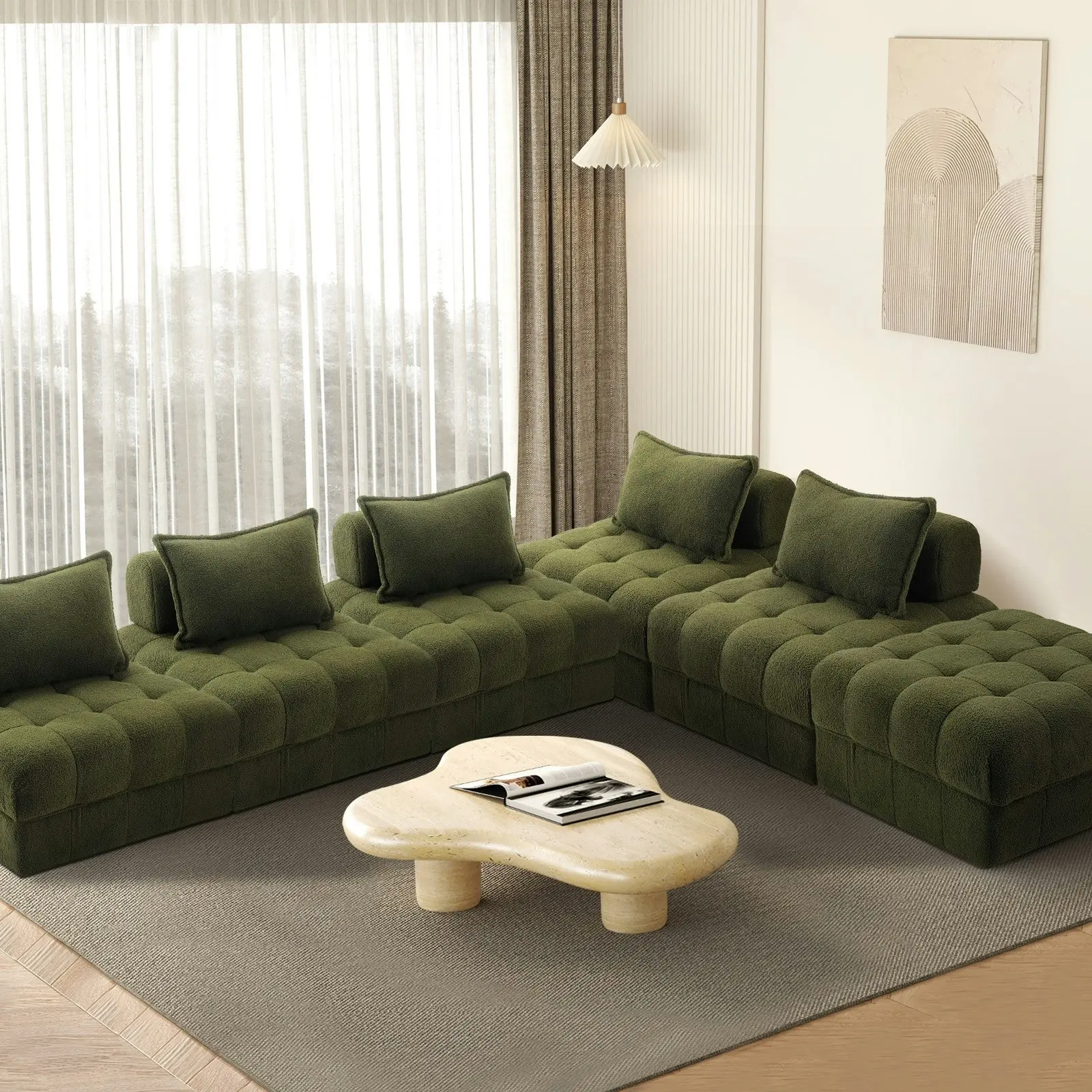 Oikiture 6 Seater Boucle Modular Sofa & Ottoman Set Armless TOFU Back Green