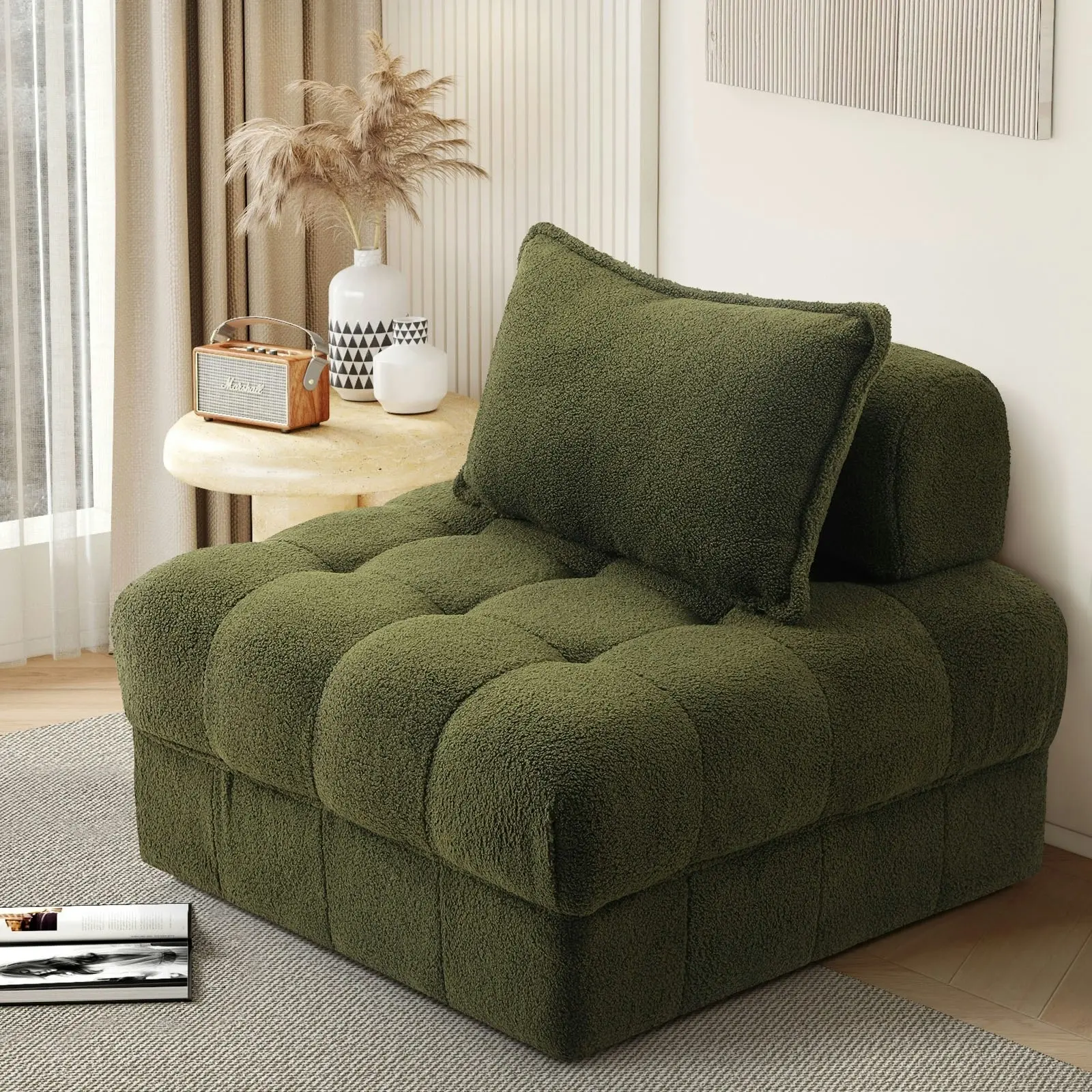 Oikiture 1 Seater Boucle Modular Sofa Lounge Chair Armless TOFU Back Green