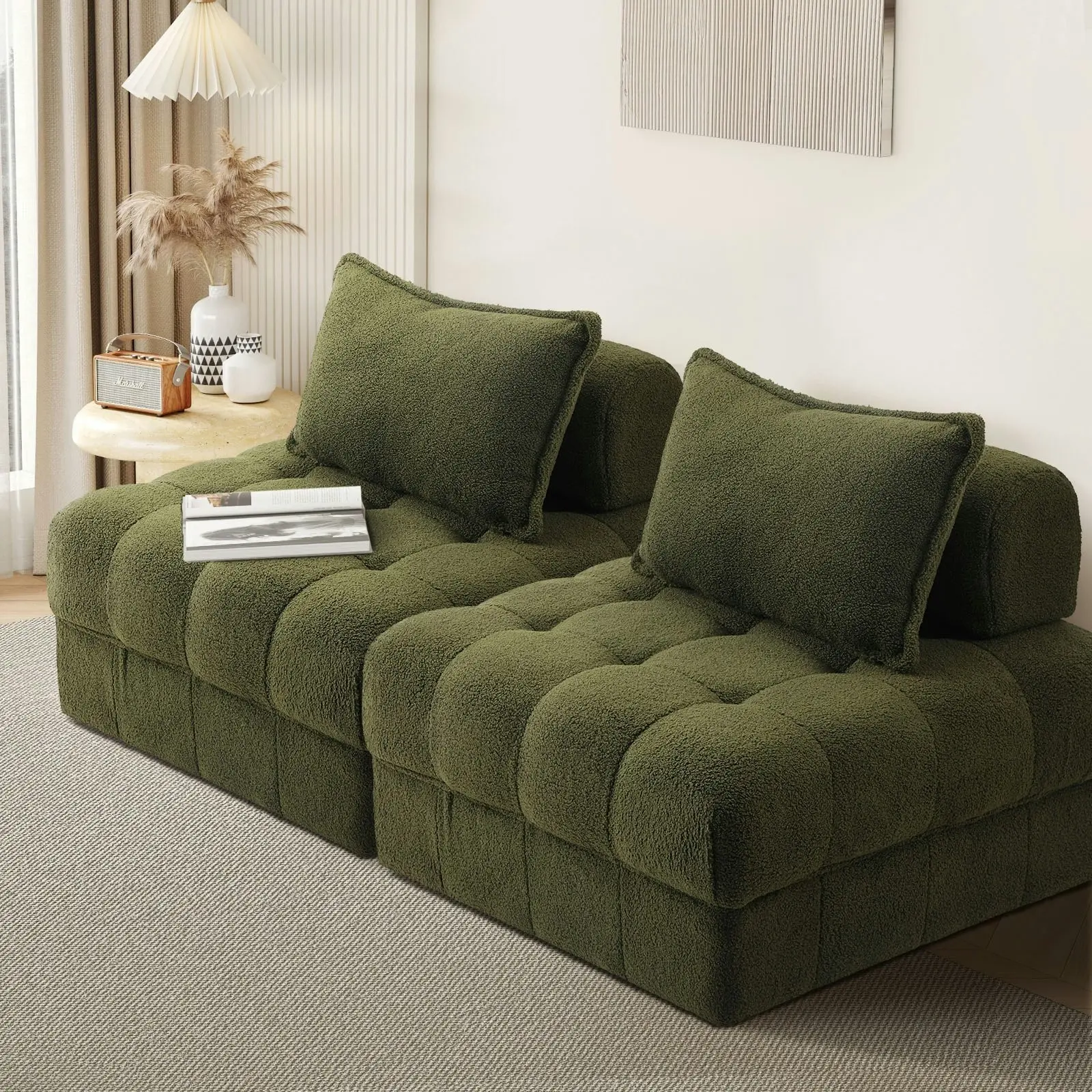 Oikiture 2 Seater Boucle Modular Sofa Lounge Chair Armless TOFU Back Green