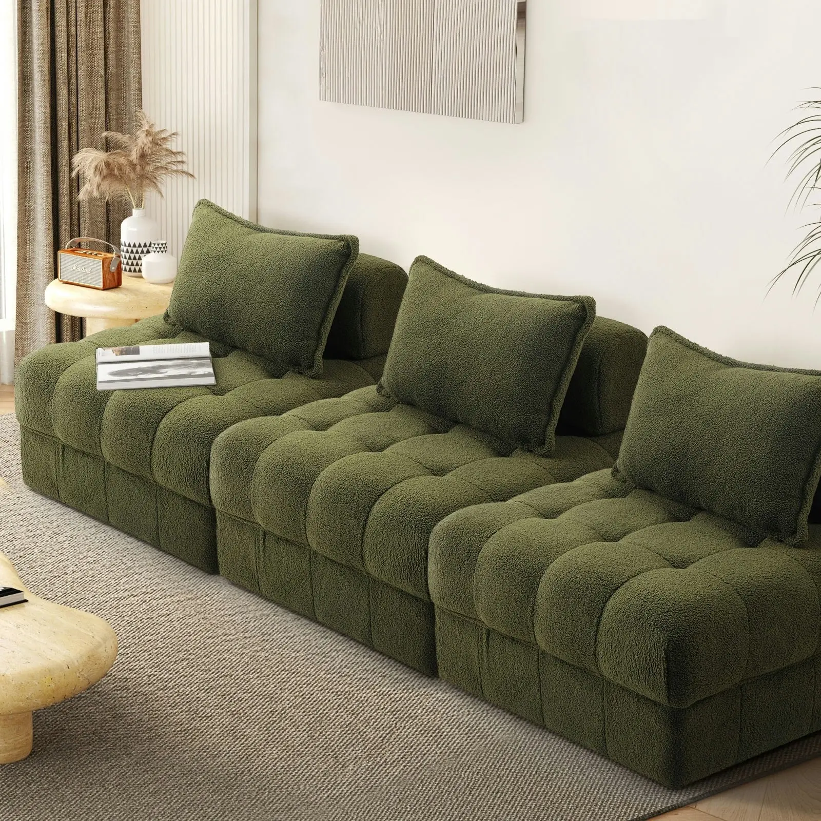 Oikiture 3 Seater Boucle Modular Sofa Lounge Chair Armless TOFU Back Green