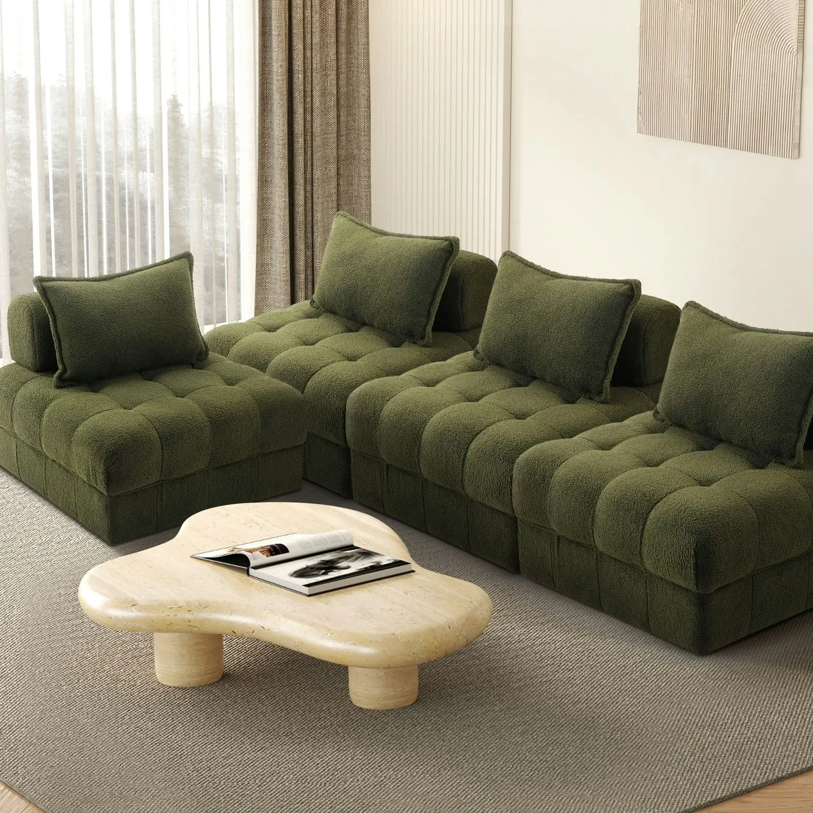 Oikiture 4 Seater Boucle Modular Sofa Lounge Chair Armless TOFU Back Green