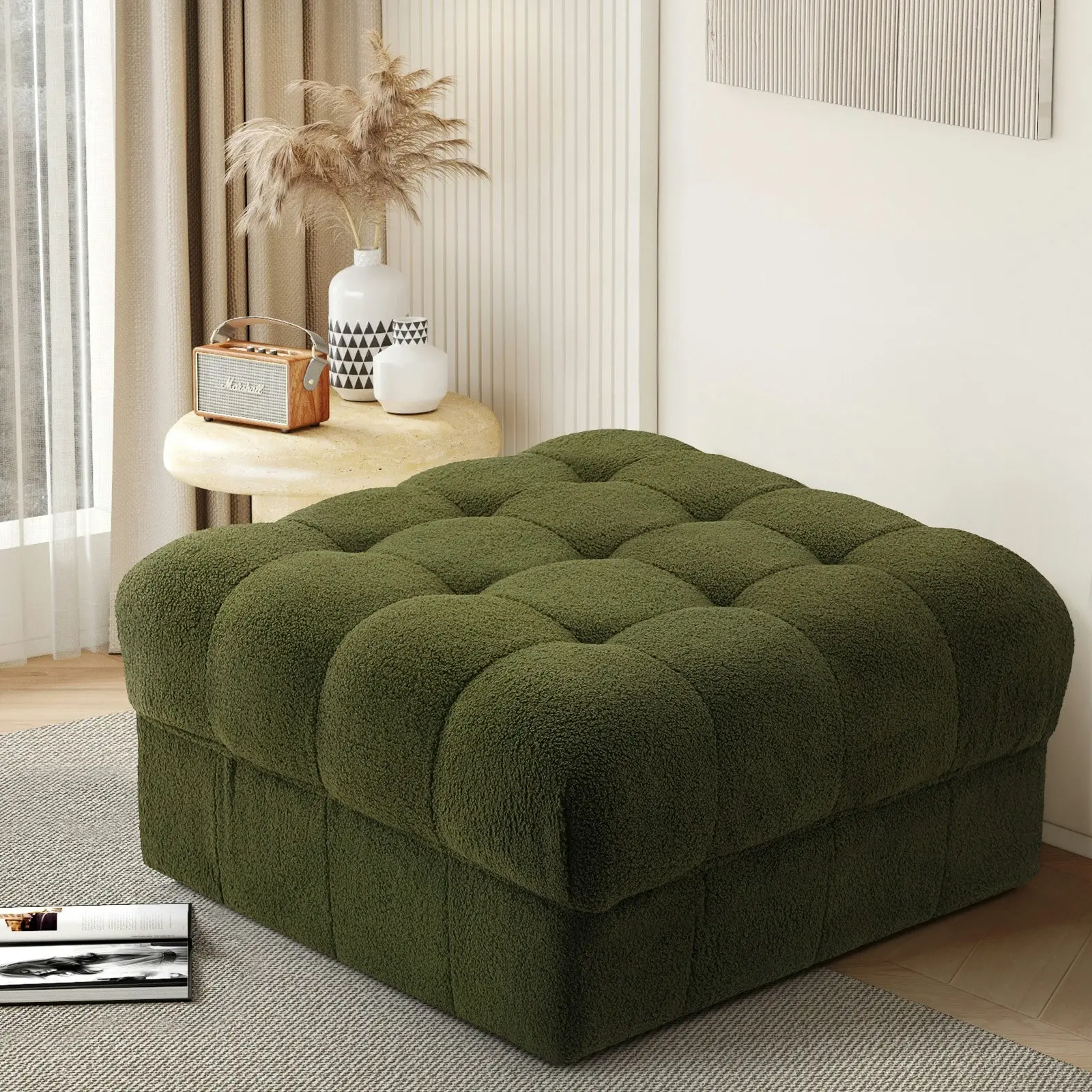 Oikiture 1 Seater Boucle Modular Ottoman Lounge Chair Armless TOFU Green