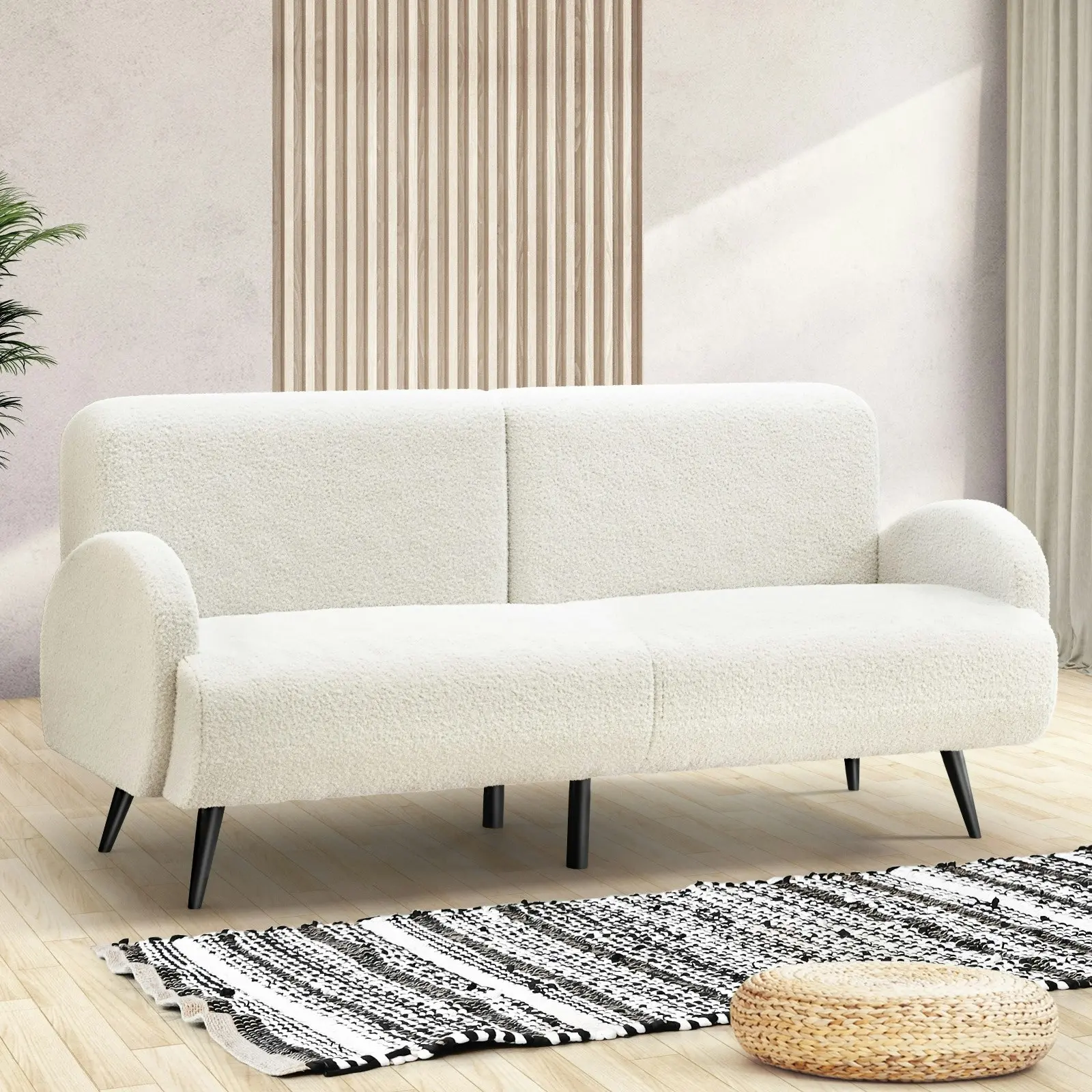 Oikiture 3 Seater Sherpa Sofa Fleece Couch White