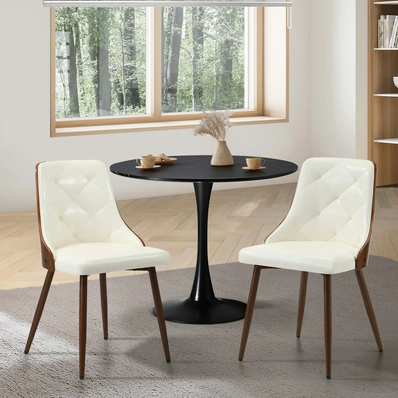 Oikiture Dining Chairs Kitchen Lounge Tufted Glossy Padded Leather x2 White