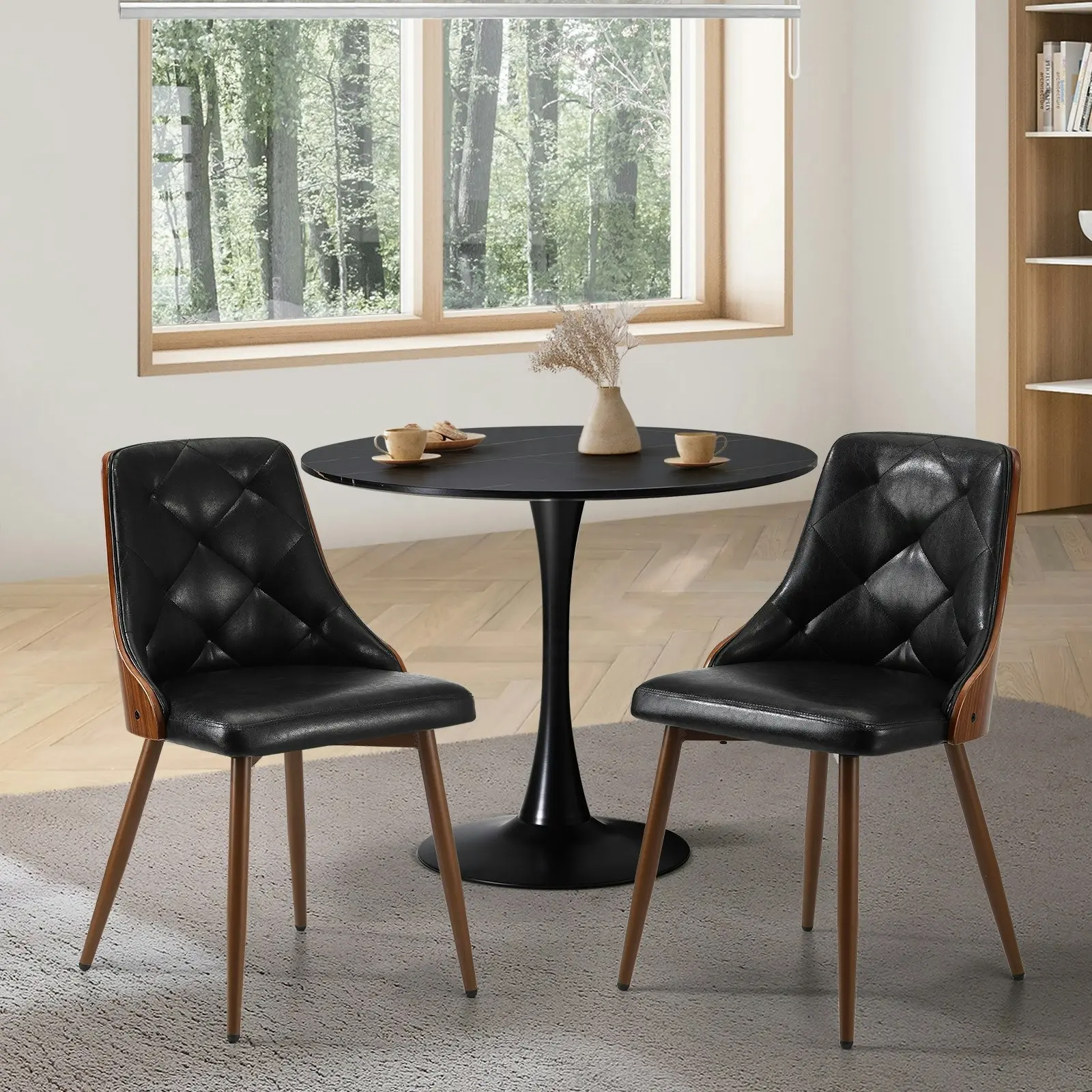 Oikiture Dining Chairs Retro Leather Kitchen Lounge Tufted Glossy x2 Black