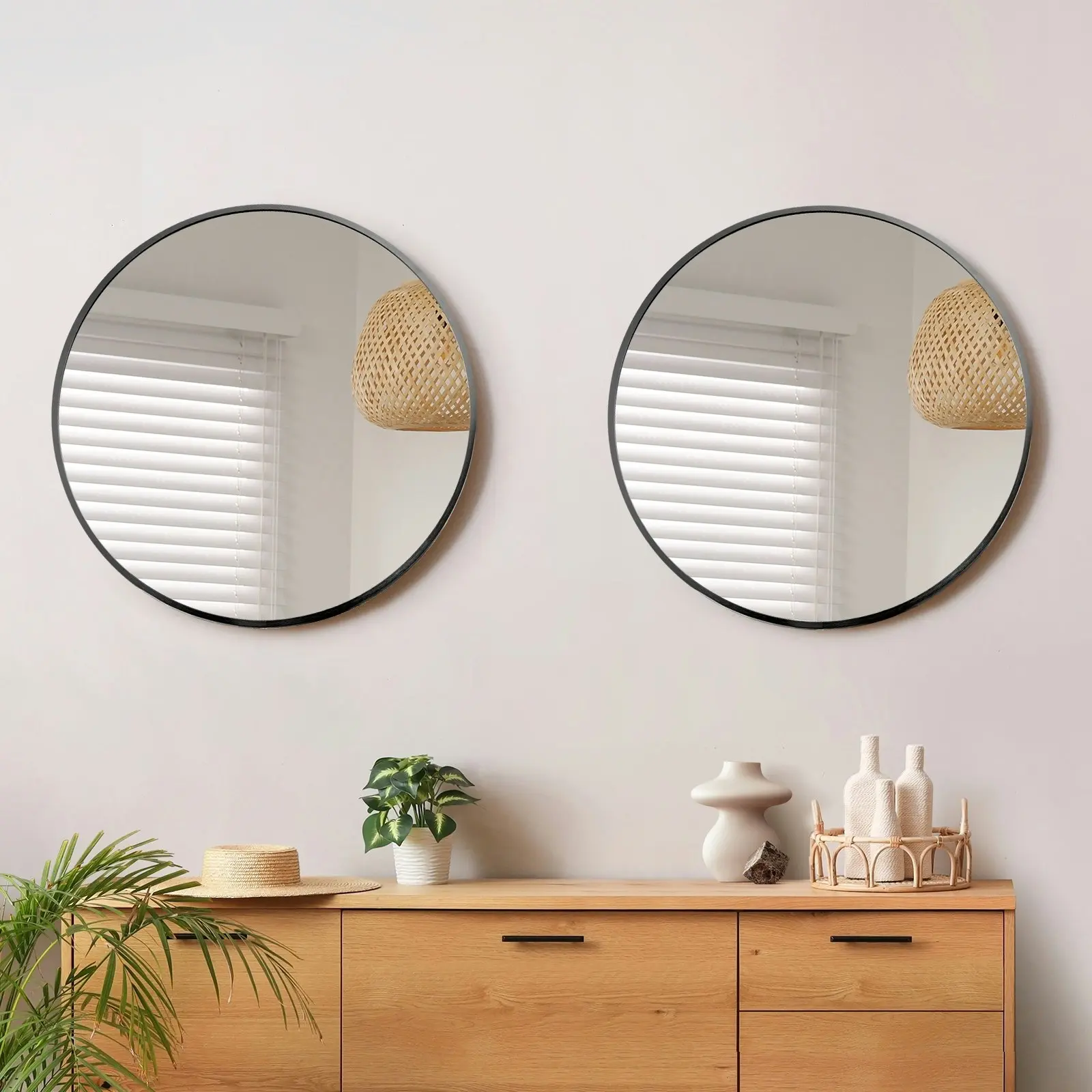 Oikiture Wall Mirrors Round Home Decor 50cm Black Set of 2