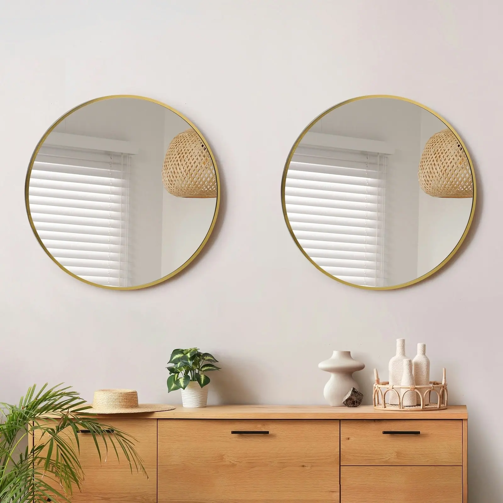 Oikiture Wall Mirrors Round Home Decor 80cm Gold Set of 2