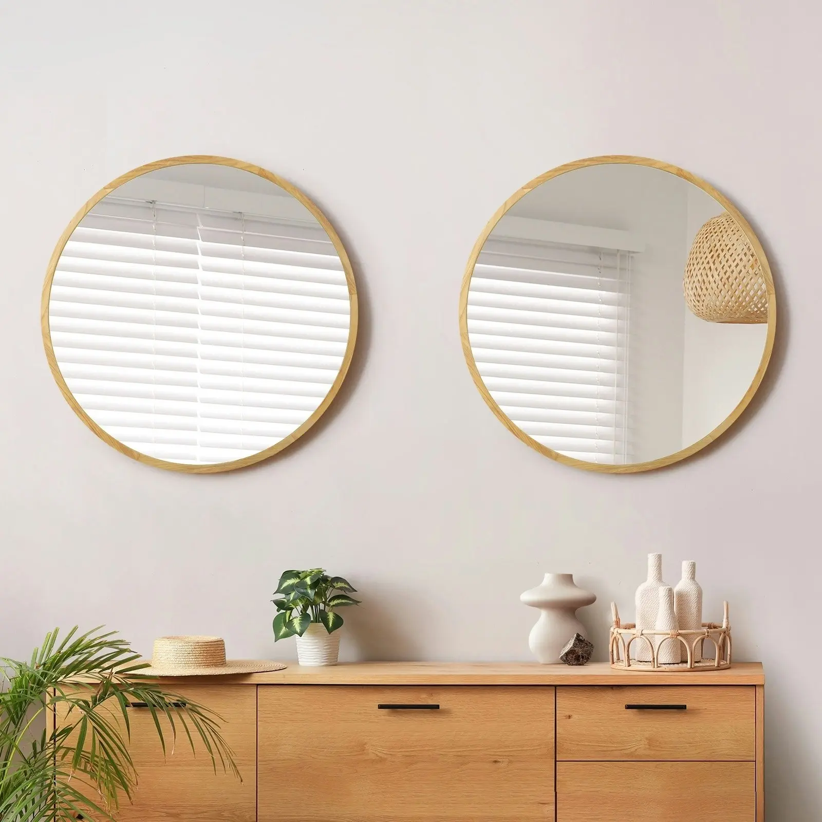 Oikiture Wall Mirrors Round Home Decor 50cm Wooden Set of 2