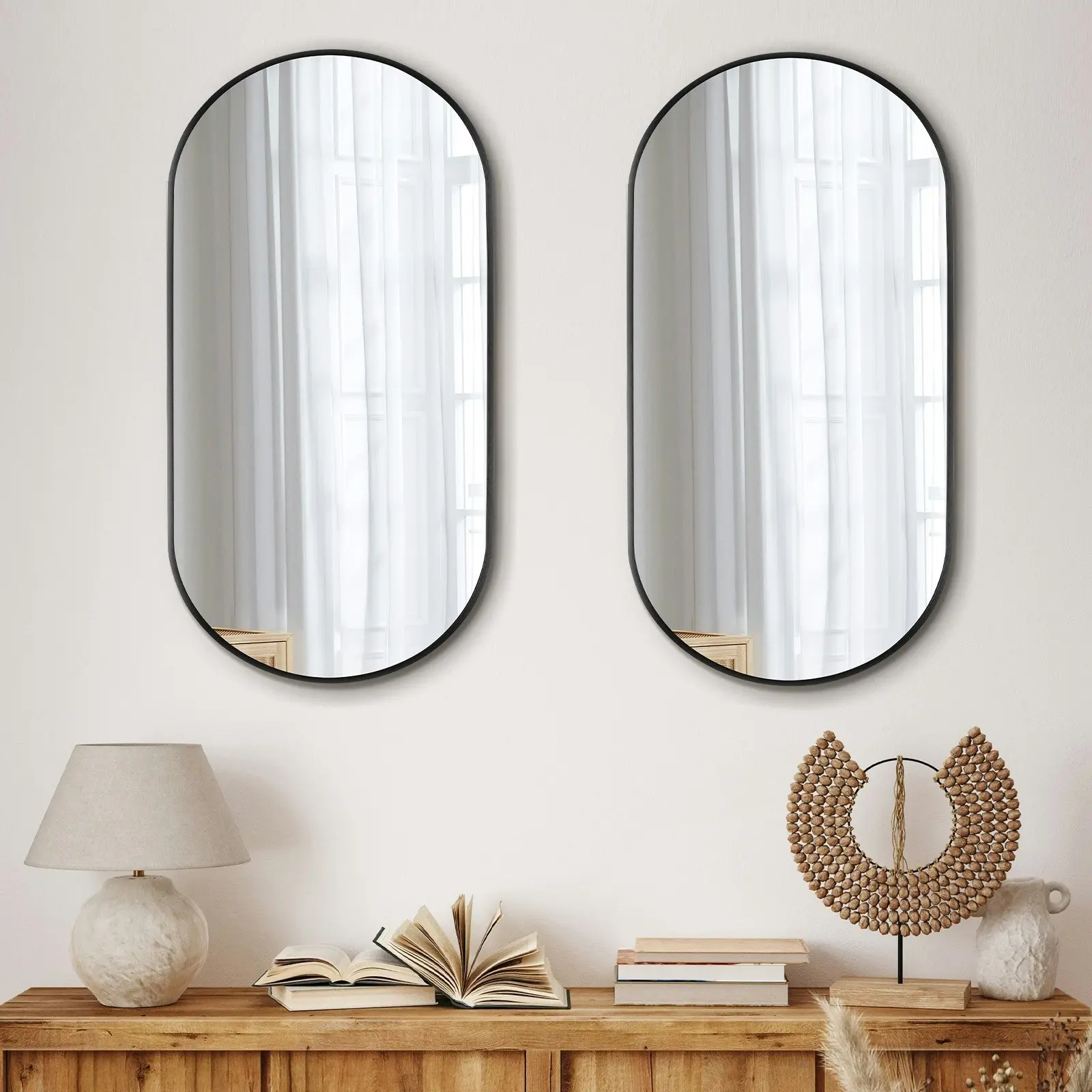 Oikiture Wall Mirrors Oval Home Decor Mirror Black 84x50cm Set of 2