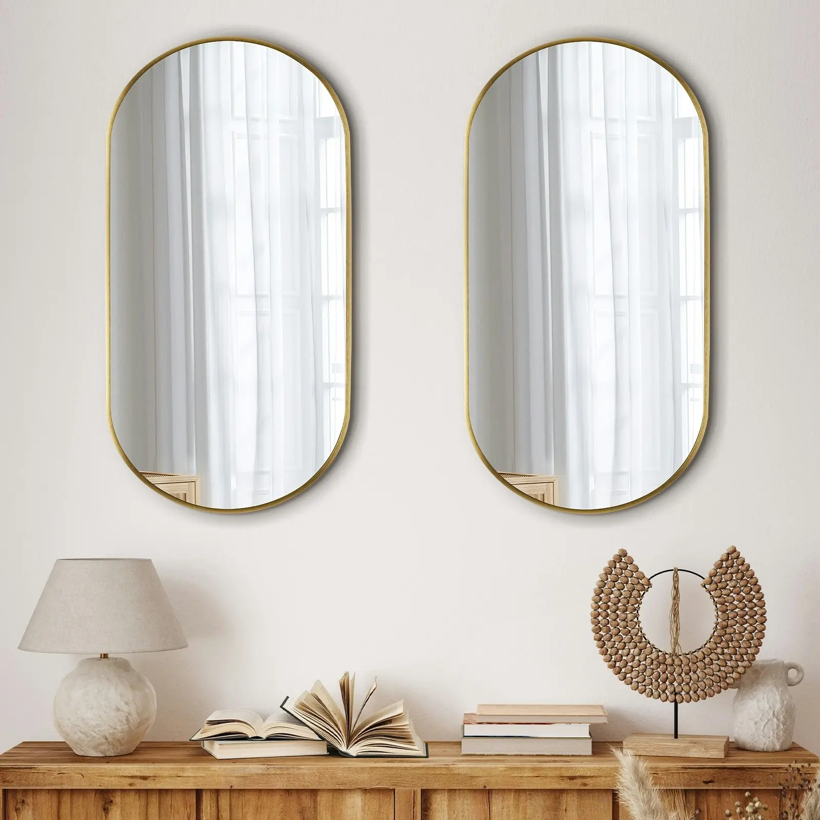 Oikiture Wall Mirrors Oval Home Decor Mirror Gold 84x50cm Set of 2