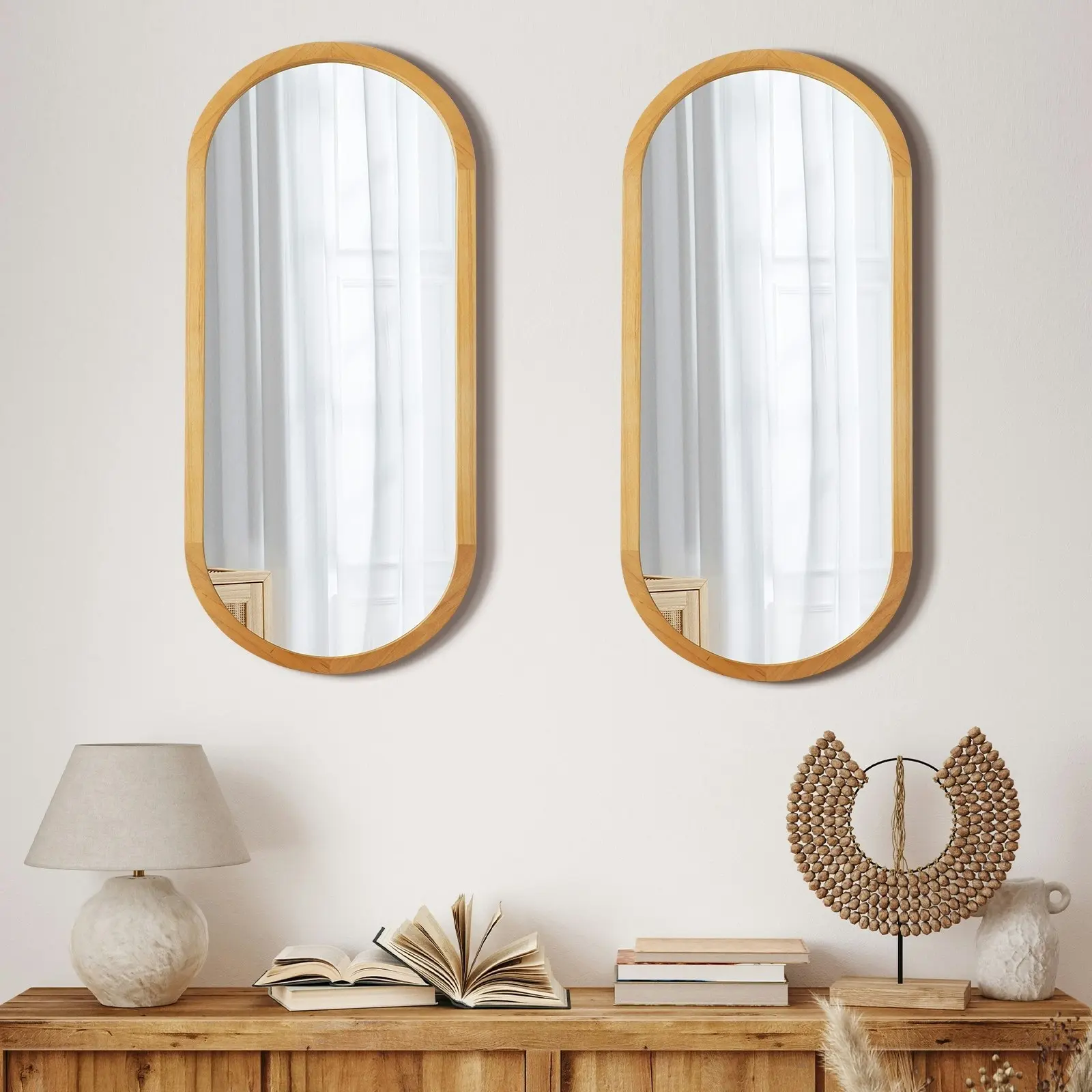 Oikiture Wall Mirrors Oval Home Decor Mirror Wooden 76x31cm Set of 2