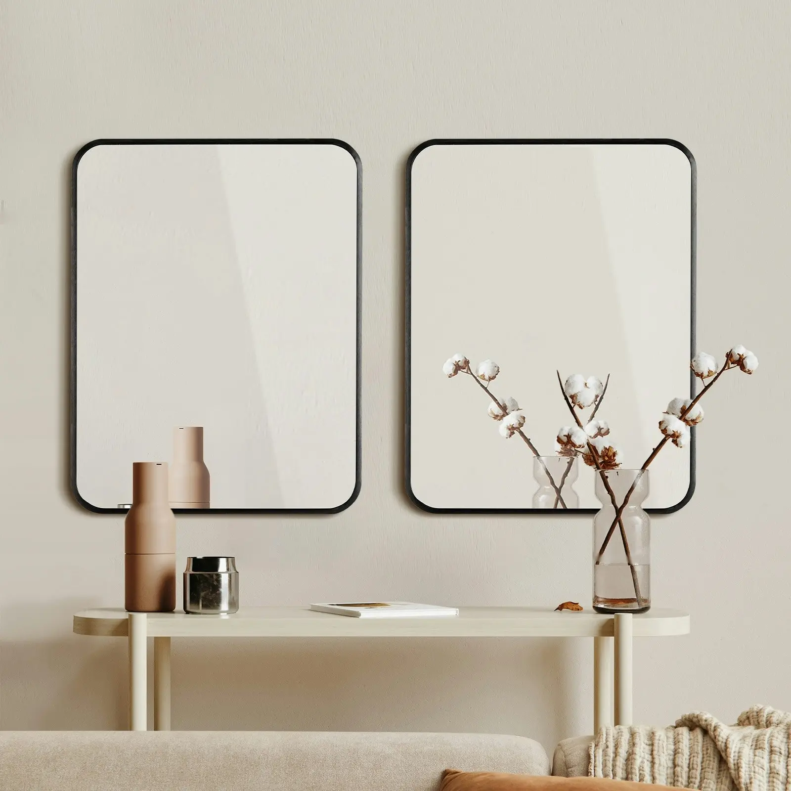 Oikiture Wall Mirrors Rectangle Mirror 65x50cm Black Set of 2