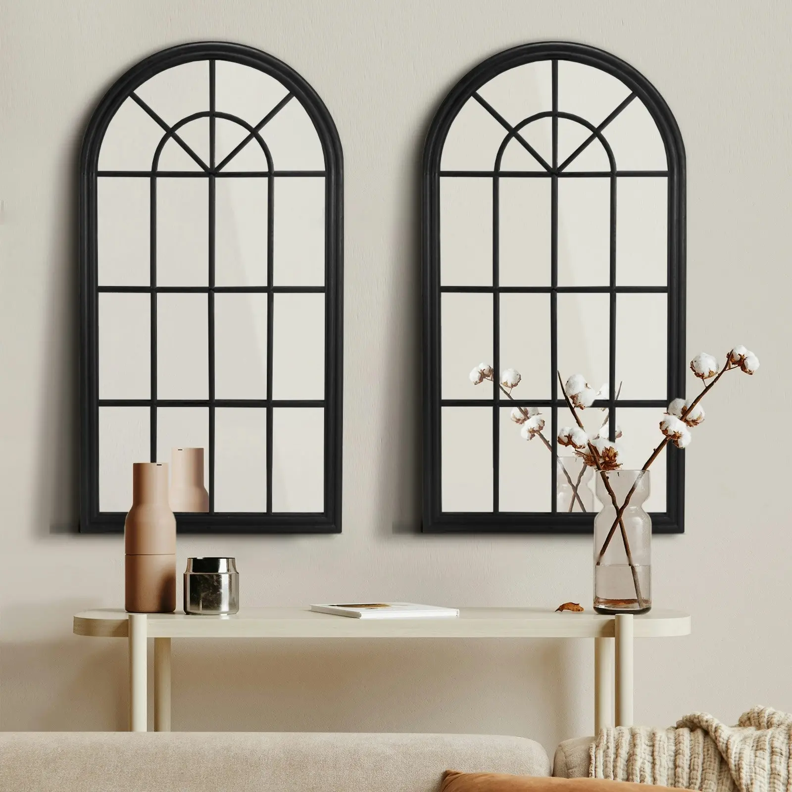 Oikiture 2PC Window Mirror Arched Wall Mirrors Decor 76x51cm Wooden Black