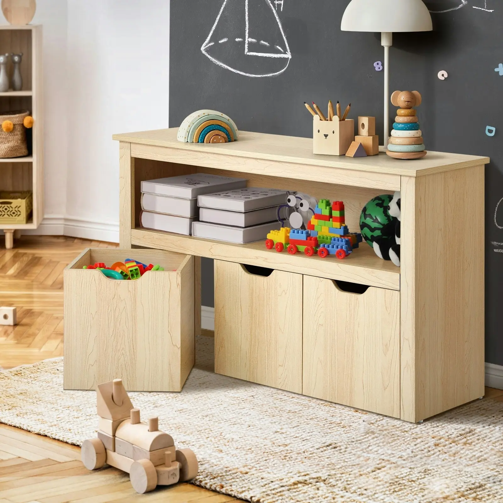 Oikiture Kids Toy Storage Cabinet Bookshelf With Portable Storage Box Natural