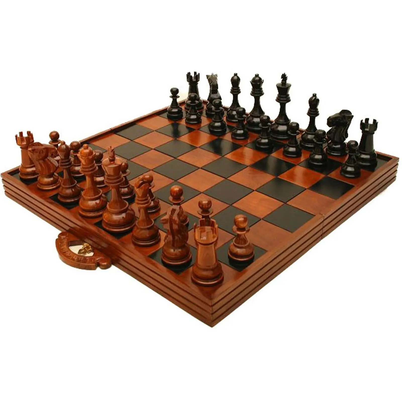 Teak Chess Case and 20cm Chess Pieces.