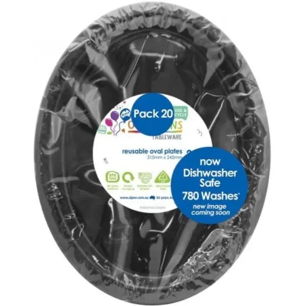 20pk Black Plastic Reusable Oval Plates 315x245mm