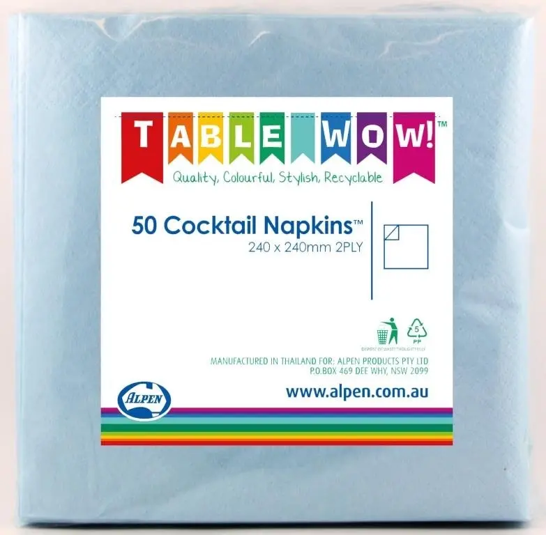 Light Blue Cocktail Napkins 2ply 24x24cm 50pk