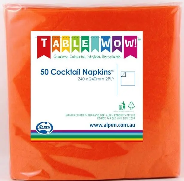 Orange Cocktail Napkins 2ply 24x24cm 50pk