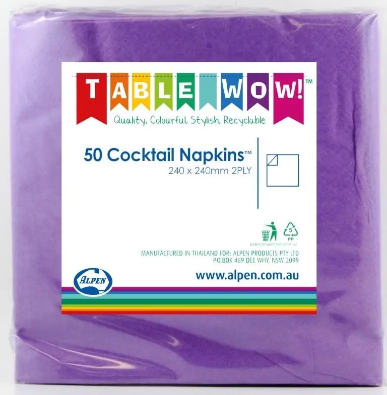 Purple Cocktail Napkins 2ply 24x24cm 50pk