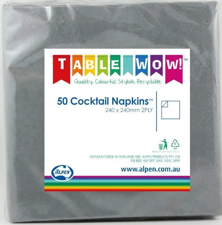 Silver Cocktail Napkins 2ply 24x24cm 50pk