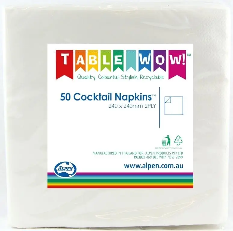 White Cocktail Napkins 2ply 24x24cm 50pk