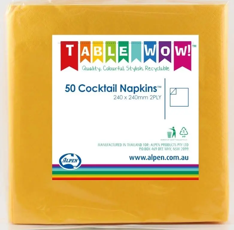 Yellow Cocktail Napkins 2ply 24x24cm 50pk