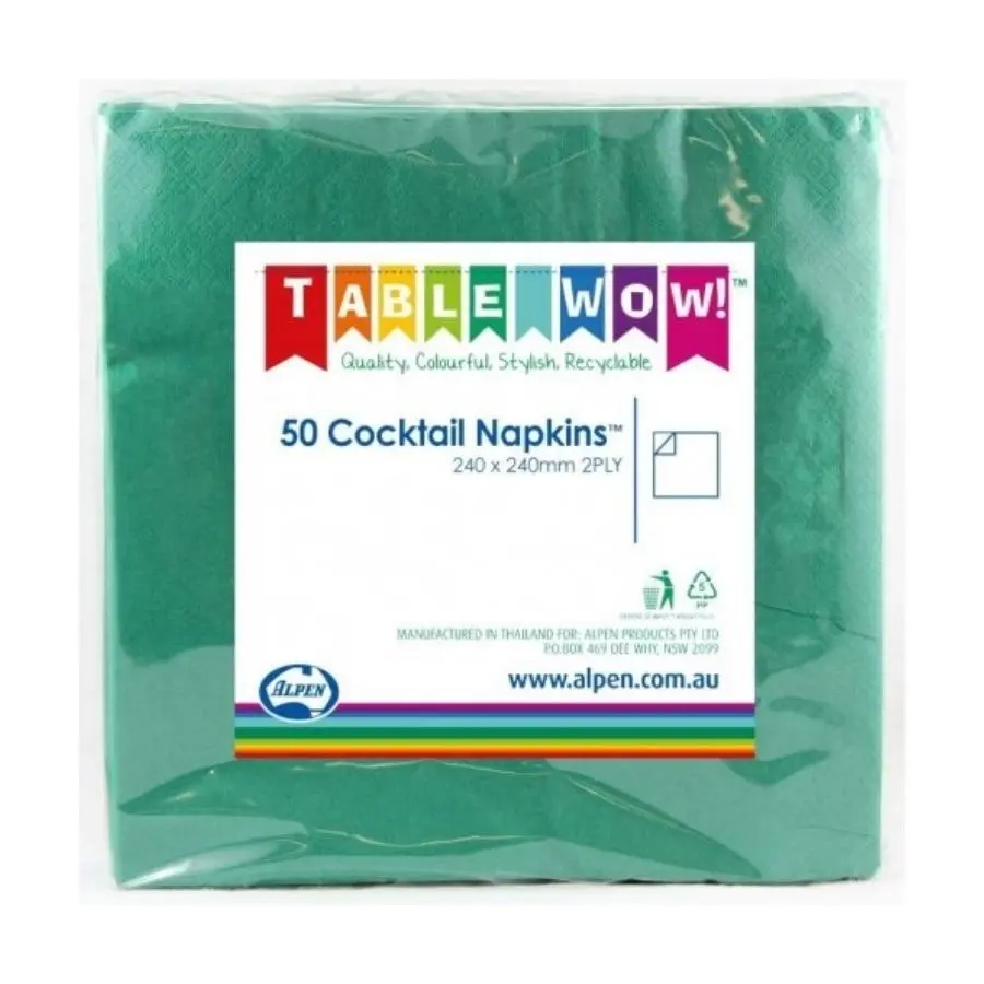 Green Cocktail Napkins 2ply 24x24cm 50pk