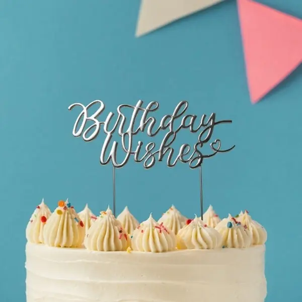 Silver Plated Metal Cake Topper - Birthday Wishes