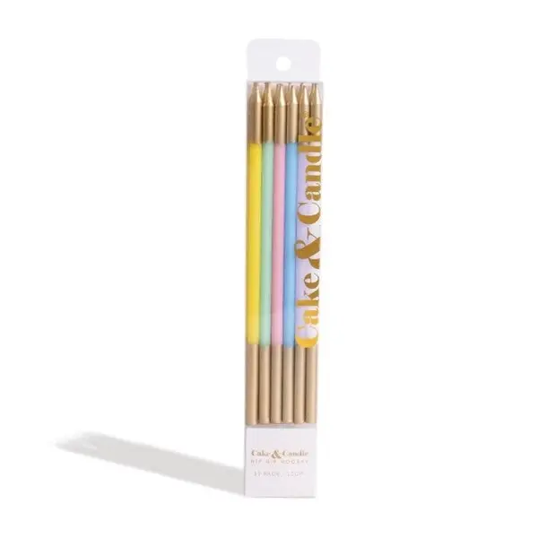 12pk Pastel Mix Colour & Gold Double Dipped Cake Candles by Cake & Candle 15cm