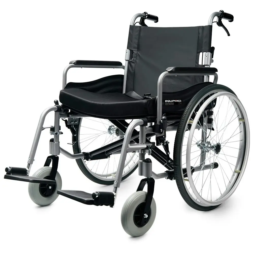 Equipmed Folding Wheelchair XXL Extra-Wide Bariatric Seat , Aluminium Frame, 150kg Capacity, 24 Inch Wheels, Park Brakes, Black