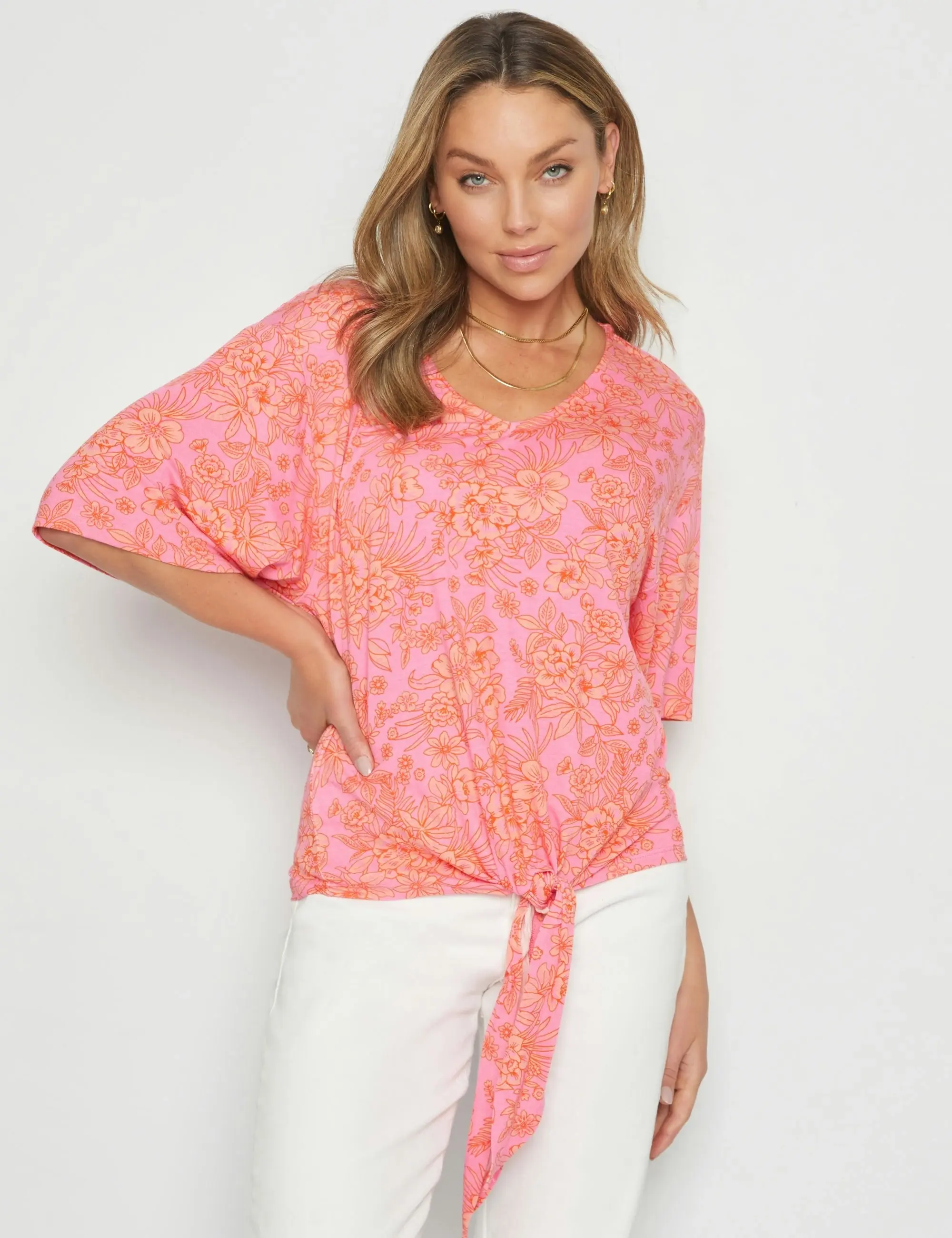 Rockmans Elbow Sleeve Knitwear Tie Hem Top (Pink Floral)